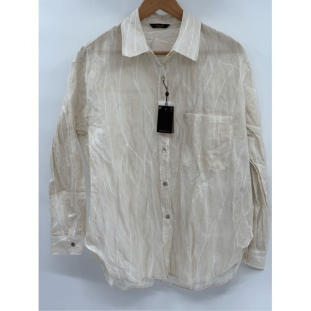 Massimo Dutti Button Down Shirt Women Medium Beige White Creased‎ Effect New
